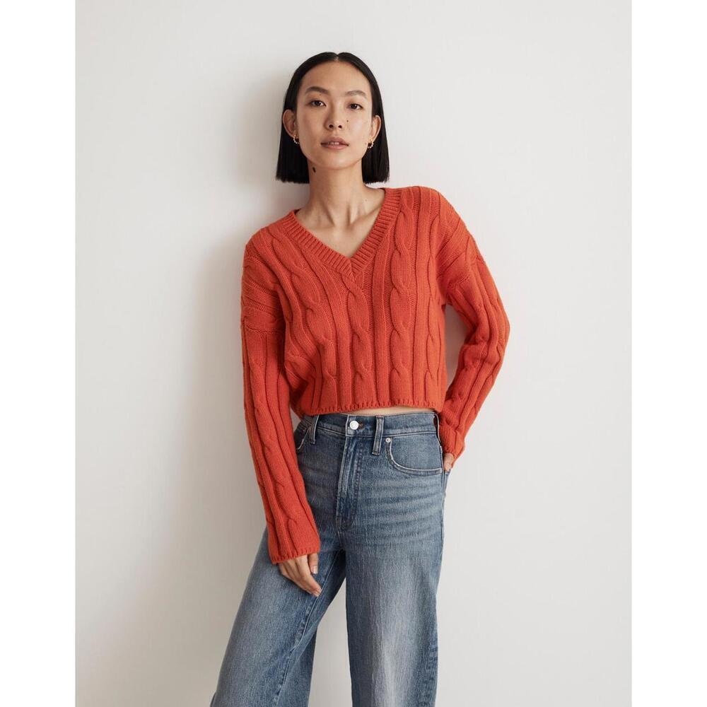 EUC Madewell Cable-Knit V-Neck Crop Sweater Red/Orange Size XL